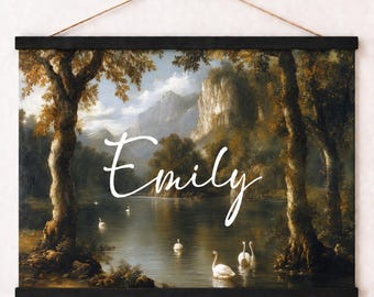 Personalized Name Banner, Vintage Swan Lake Canvas Wall Hanging