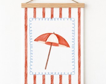 Watercolor Summer Print, Coastal Beach Umbrella Canvas Wall Art,