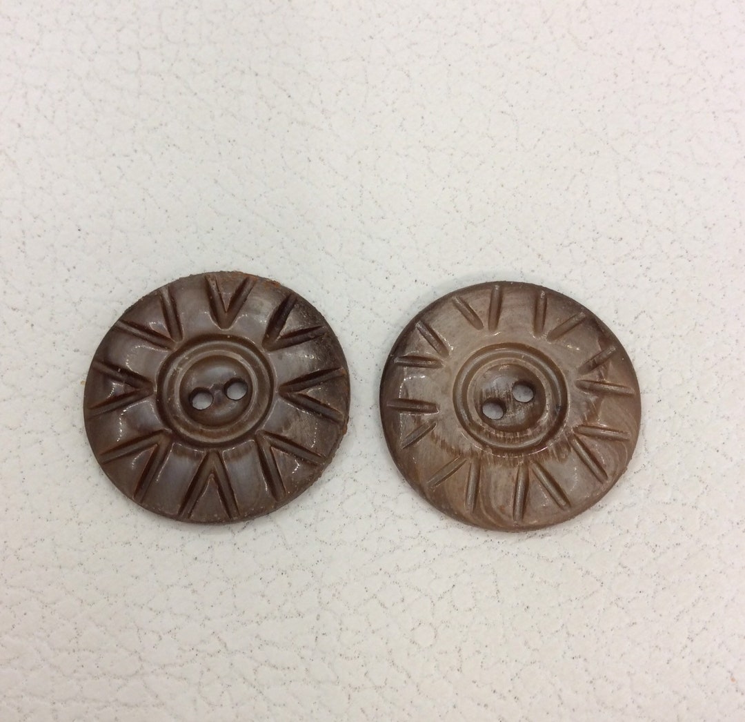 Shell Button Brown Pair Hand Carved Large Brown Vintage Shell Buttons - Two Hole Sew ...
