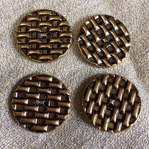 Four Large Basketweave Textured Vintage Metal Buttons in Antiqued Brass Finish - B1284