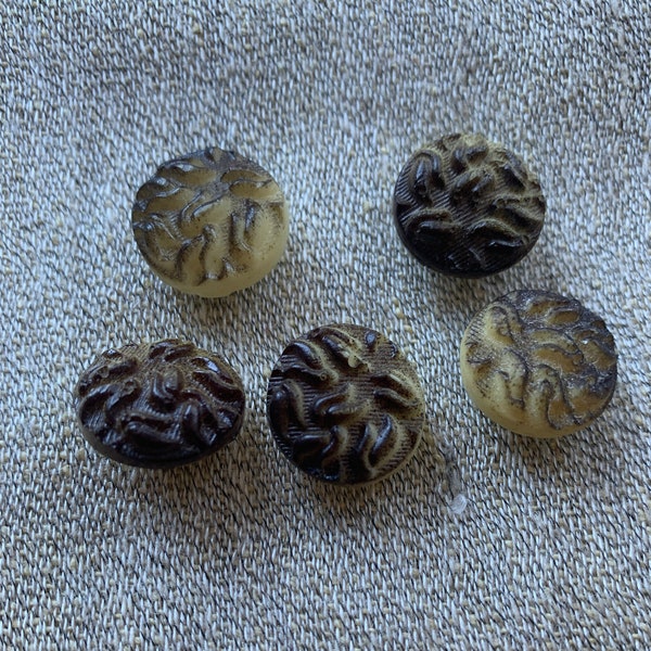 Five Brown and White Vintage Plastic Shank Buttons with Bark Like Texture - B1257