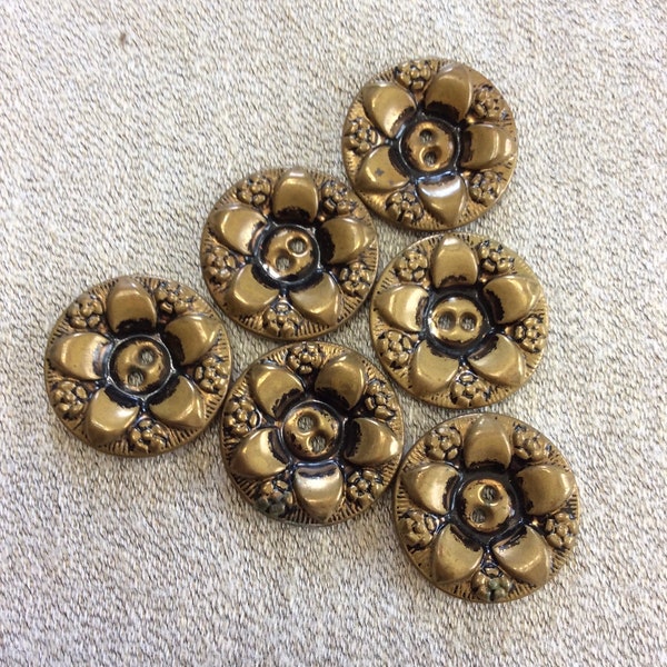 Six Large Floral Metal Vintage Buttons in Antique Bronze Finish - B1472