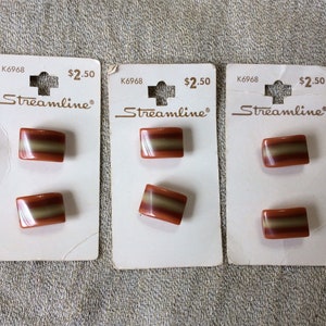 Six Small Rectangular Caramel Orange Vintage Buttons on Original StreamlineCards - B1277