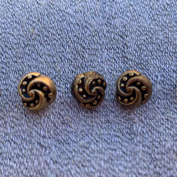 Set of Five Tiny Vintage Domed Textured Metal Buttons Antique Brass Bronze Finish B1358