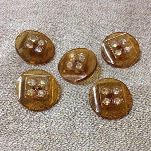 Five Large Rhinestone and Tortoise Brown Vintage Plastic Shank Buttons - B1242