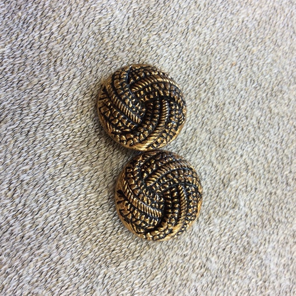 Two Hollow Gold Tone and Black Textured Vintage Metal Buttons - Metal Shanks B1511