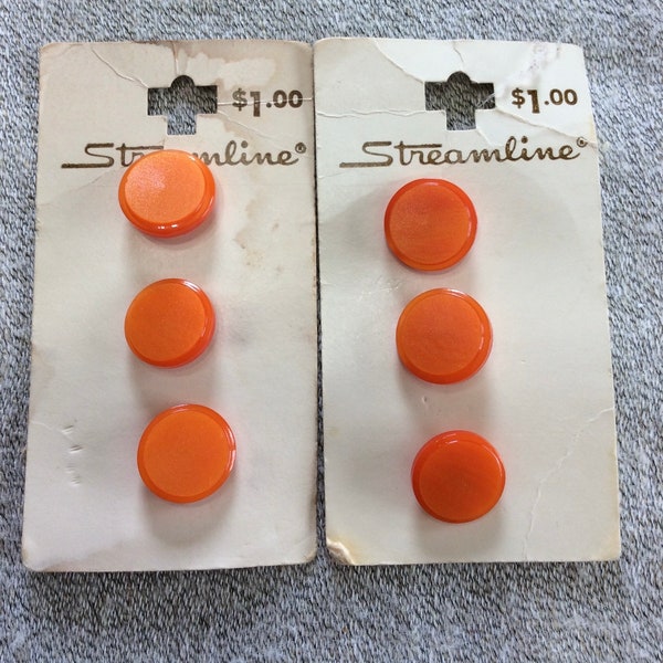Six Small Round Orange Vintage Buttons on Original Streamline Cards - B1457