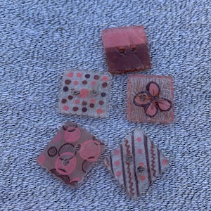 Five Small Square Coral Pink and Brown Plastic Buttons  - B1353