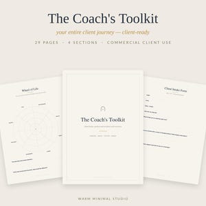 May include: A digital document set titled The Coach's Toolkit, featuring 29 pages across 4 sections for commercial client use. The pages include a cover, a Wheel of Life diagram, and a Client Intake Form with fields for name, date, and questions.