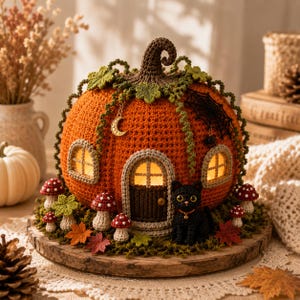 May include: A crocheted orange pumpkin house featuring a dark brown door, illuminated windows, and green vines. It is decorated with a gold crescent moon charm, a black spiderweb, and a small black cat. Red and white mushrooms sit at the base.