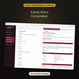Peut inclure: Une interface numérique pour un logiciel générateur de documents d'événement, avec une barre latérale sombre et un panneau principal affichant un formulaire de vue d'ensemble et un aperçu en direct d'une proposition pour Thistle & Thyme Catering.