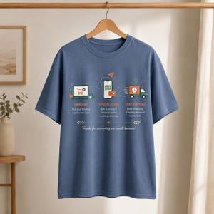 T-shirt för småföretag, T-shirt i bekväma färger, e-handelspresent, webbutiksägare, beställningsprocess, specialförmåner, kundvagn, anpassade önskemål