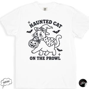 Haunted Cat on the Prowl Shirt, Comfort Colors Halloween Witch Cat Pumpkin Graphic Tee
