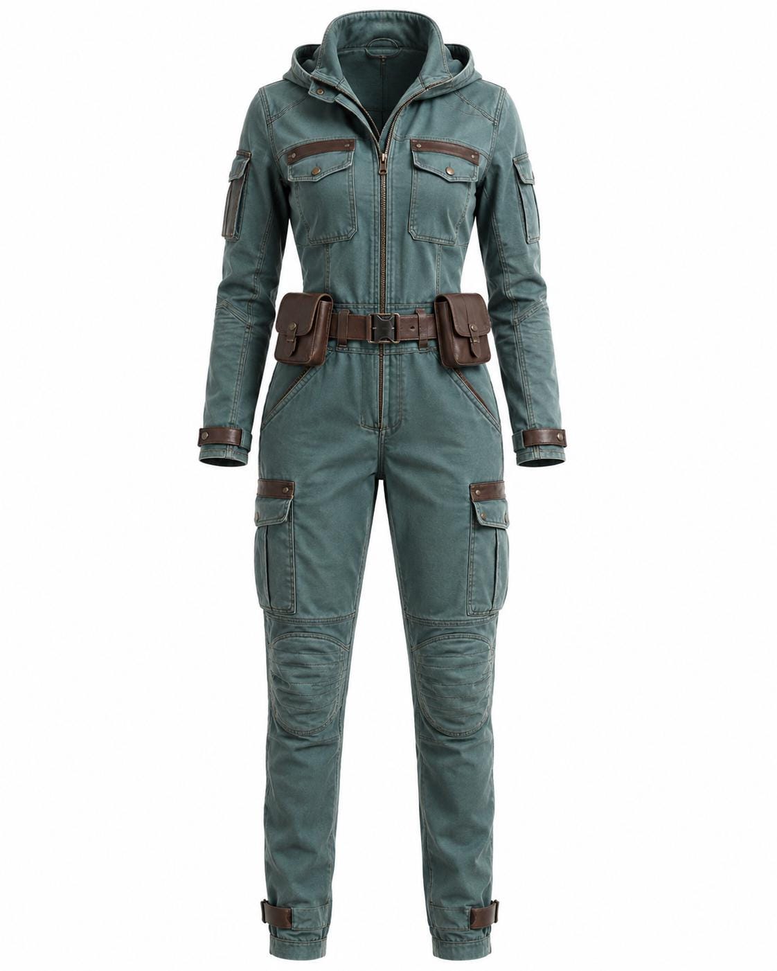 Women's Hooded Utility Jumpsuit Teal Canvas Tactical Cosplay Outfit