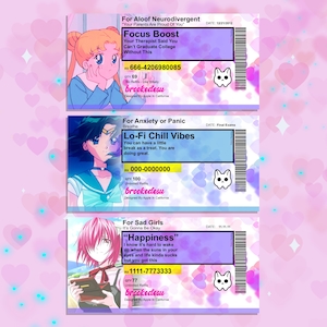 Może przedstawiać: Trzy karty w stylu recepty z ilustracjami i tekstem w stylu anime. Karty są oznaczone jako "Focus Boost", "Lo-Fi Chill Vibes" i "Happiness". Każda karta ma unikalny design, numer recepty i ilość.