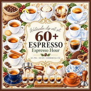 Puede incluir: Un conjunto de arte clip de acuarela con varias bebidas espresso en tazas blancas y azules, granos de café, un saco de arpillera, un portafiltro y accesorios de madera. El texto central dice Watercolor clip art set 60+ ESPRESSO Espresso Hour 60+ PNG - 300 DPI - COMMERCIAL USE.