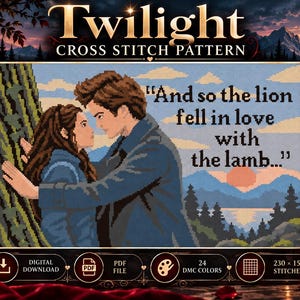 以下が含まれることがあります： 「And so the lion fell in love with the lamb...」というテキストと風景を背景に向かい合う二人を描いたクロスステッチパターン。24色のDMCカラーと230×153ステッチのグリッドで構成されています。