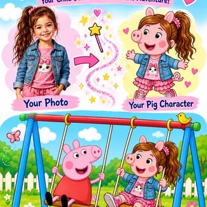 Könnte beinhalten: Eine digitale Illustration, die einen Transformationsprozess zeigt, bei dem ein Kinderfoto in eine Peppa Wutz-Figur umgewandelt wird. Die Figur trägt eine blaue Jeansjacke, ein rosa T-Shirt und einen rosa Rock. Peppa Wutz und die Figur sitzen auf einer Schaukel.