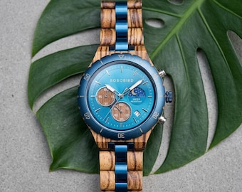 Montre chronographe en bois pour homme, montre à quartz phases de lune, coffret cadeau en bois naturel