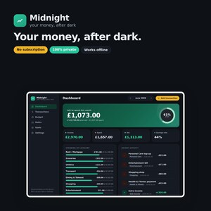 May include: A dark-themed financial dashboard interface titled Midnight, displaying a monthly budget summary with a total of £1,073.00 left to spend, a 61% spending circle, income, net, savings rate, and a list of recent transactions and categories.