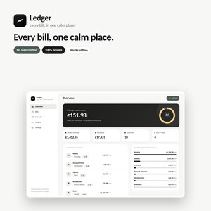 May include: A digital interface for the Ledger bill management application. The dashboard displays an overview of monthly expenses, including a total of £151.98, upcoming payments for services like Netflix and Amazon Prime, and a breakdown of spending categories.