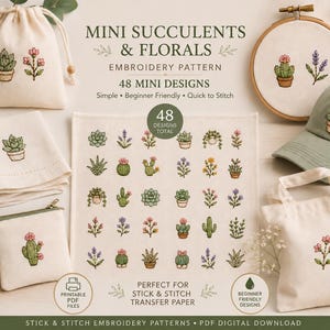 Puede incluir: Una colección de artículos de bordado con 48 mini diseños de suculentas y flores. Incluye una bolsa con cordón, una tela doblada, un estuche con cremallera, una bolsa de tela, una gorra de béisbol y un bastidor con varios motivos vegetales.