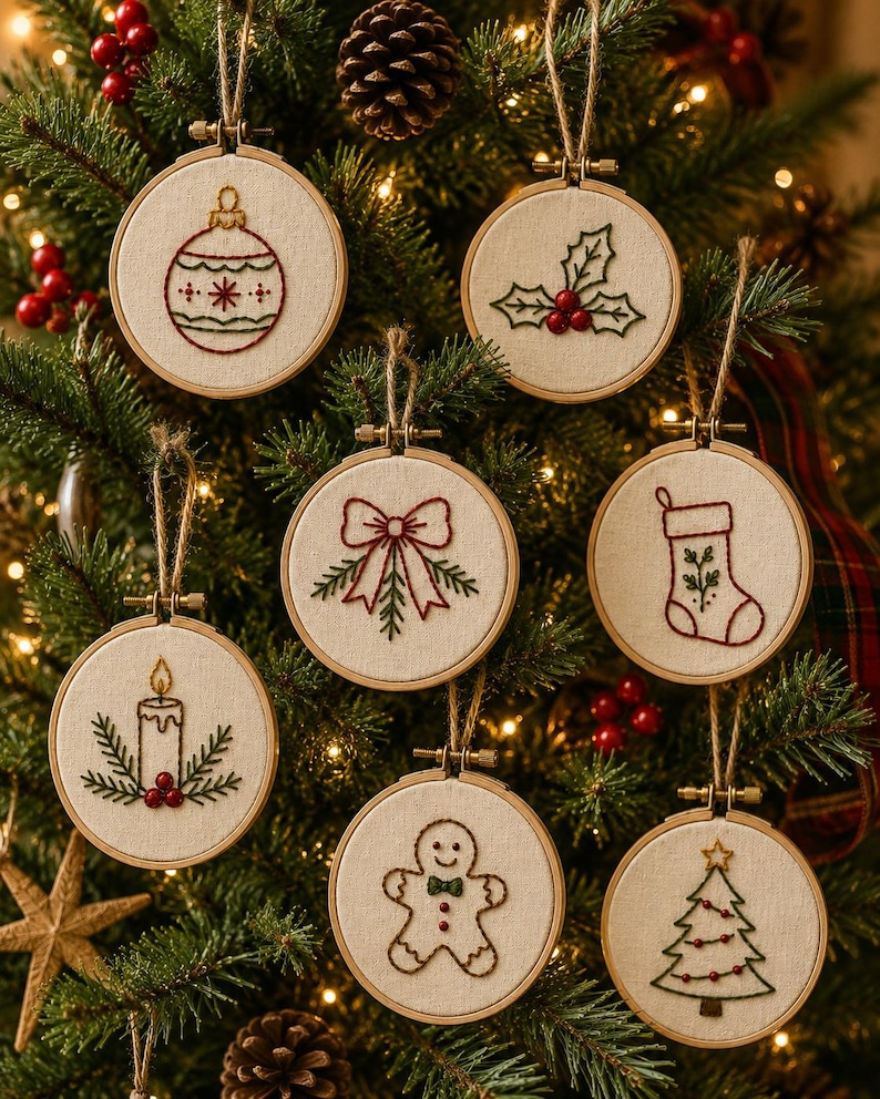 May include: A set of seven circular wooden embroidery hoops featuring hand-stitched designs on off-white fabric. The motifs include a Christmas bauble, holly leaves, a bow, a stocking, a candle, a gingerbread person, and a Christmas tree.