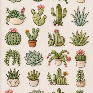 Puede incluir: Una colección de veinticuatro ilustraciones bordadas de varios cactus y suculentas dispuestas en una cuadrícula sobre una tela clara. Los diseños presentan tonos verdes, rosas y amarillos, representando diferentes formas de plantas, texturas y macetas.