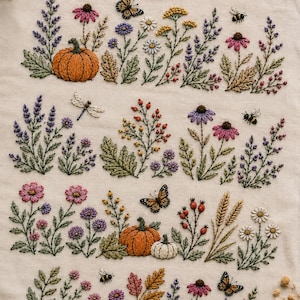May include: An embroidery sampler on beige fabric featuring rows of botanical motifs including orange and white pumpkins, red-capped mushrooms, various wildflowers in pink, purple, yellow, and white, green foliage, butterflies, dragonflies, and bees.