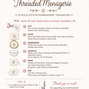 May include: An instructional guide for Threaded Menagerie stick and stitch embroidery transfers. The document features floral illustrations, a butterfly, and six numbered steps detailing the process of cutting, sticking, embroidering, dissolving, rinsing, and drying the fabric transfers, along with helpful tips and contact information.