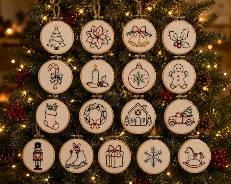 May include: A collection of fifteen circular embroidery hoops featuring festive holiday designs including a Christmas tree, poinsettia, bells, holly, candy cane, candle, ornament, gingerbread man, stocking, wreath, house, truck, nutcracker, skates, gift, snowflake, and rocking horse.