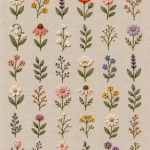 Puede incluir: Una colección de treinta y seis diseños de bordado floral y botánico dispuestos en una cuadrícula sobre tela beige claro. El bordado presenta varias flores, hojas y ramitas en tonos rosa, amarillo, azul, morado y verde.