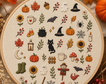Borduurpatroon met stoksteken voor herfst en Halloween | 50 herfstdoodle-ontwerpen | Borduurpatroon voor beginners (PDF)