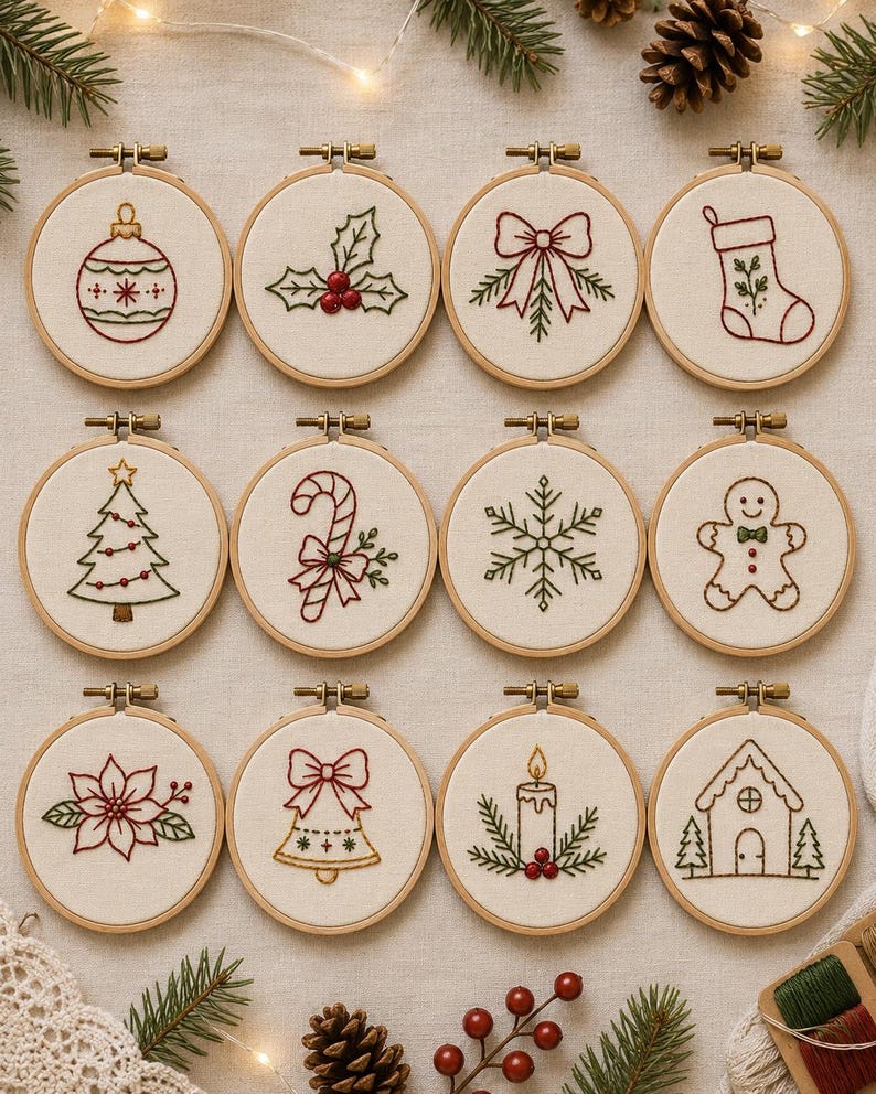 May include: Twelve circular wooden embroidery hoops containing off-white fabric with hand-stitched Christmas designs including a bauble, holly, bow, stocking, tree, candy cane, snowflake, gingerbread man, poinsettia, bell, candle, and house.
