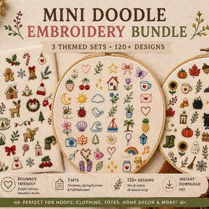 Puede incluir: Un conjunto de bordado Mini Doodle que incluye tres sets con más de 120 diseños sobre tela. La colección consta de una pieza cuadrada y dos bastidores circulares que muestran varios iconos bordados con motivos festivos y naturales.