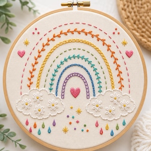 Può includere: Un telaio da ricamo circolare in legno contenente un pannello in tessuto con un disegno di arcobaleno cucito a mano. L'arcobaleno presenta archi colorati di foglie, catenelle e punti, affiancati da due nuvole bianche con margherite e pioggia.