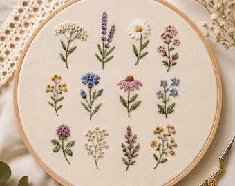 Boho Wildflower Borduurpatroon | Printbaar Stick & Stitch PDF | Handborduurtransfer voor beginners | Direct te downloaden