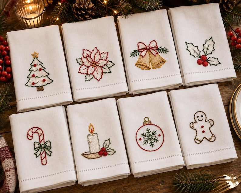 May include: A set of eight white cloth napkins, each featuring a distinct embroidered Christmas motif including a tree, poinsettia, bells, holly, candy cane, candle, ornament, and gingerbread person, all with a hemstitched border detail.