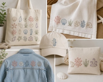 Borduurpatroon met kustschelpen en zeedieren (PDF) | Beginnerspatroon met stick & stitch transfer