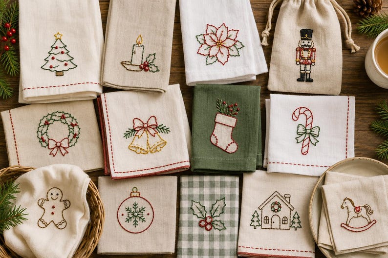 May include: A collection of folded fabric napkins and a drawstring pouch featuring embroidered Christmas motifs including a tree, candle, poinsettia, nutcracker, wreath, bells, stocking, candy cane, gingerbread man, ornament, holly, house, and rocking horse.