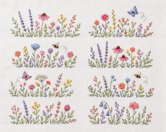 Bundel borduurpatronen voor een bloemenweide | 8 boho bloemen borduurontwerpen met stoksteek | Handborduurwerk voor beginners (PDF) | Botanische transfer