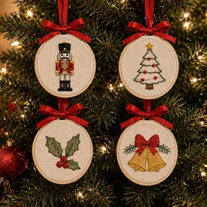 May include: Four circular embroidery hoop ornaments featuring holiday designs on cream fabric. The designs include a nutcracker, a decorated Christmas tree, holly leaves with red berries, and two gold bells with a red bow, each topped with a red ribbon.