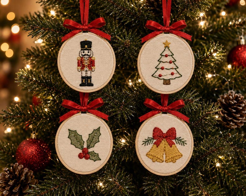 May include: Four circular embroidery hoop ornaments featuring holiday designs on cream fabric. The designs include a nutcracker, a decorated Christmas tree, holly leaves with red berries, and two gold bells with a red bow, each topped with a red ribbon.