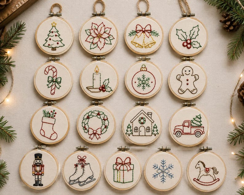 May include: A collection of sixteen circular wooden embroidery hoops featuring various Christmas-themed designs stitched in red, green, and gold thread on off-white fabric, including a tree, poinsettia, bells, holly, candy cane, candle, ornament, gingerbread man, stocking, wreath, house, truck, nutcracker, ice skates, gift, snowflake, and rocking horse.