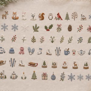 May include: A beige fabric sampler featuring rows of small, detailed embroidery designs including woodland animals, winter flora, snowflakes, cozy clothing items, snow globes, and holiday decorations like trees, gifts, and ornaments.