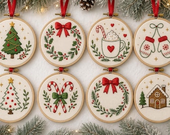 Bundel kerstborduurpatronen | 8 eenvoudige borduurontwerpen voor beginners | Printbare PDF | Borduurpatronen voor borduurringen van 7,5 cm en 10 cm