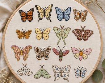 Bundel met borduurpatronen voor vlinders en motten met stoksteektechniek | Printbare PDF | Borduurtransfer voor beginners