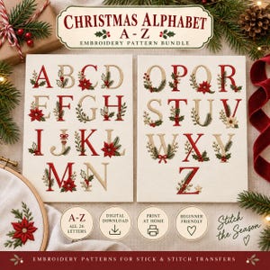 Può includere: Un set di schemi per ricamo intitolato Christmas Alphabet A-Z con 26 lettere decorate con stelle di Natale rosse, aghi di pino verdi e bacche di agrifoglio. Include etichette per download digitale e stampa a casa.