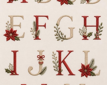 Kerstmonogram borduurpatroon PDF | Printbaar stok- en steekalfabet | Feestelijke bloemenletters A-Z