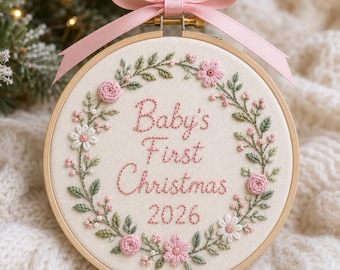Baby's eerste kerst 2026 Bloemenborduurpatroon | Beginners kerstornament met stokjes en steken | Printbaar PDF-borduurpatroon | Zelfgemaakt baby-herinneringsstuk